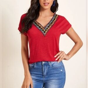 Geo Embroidered Tape Detail Dolman Sleeve Top size: 4